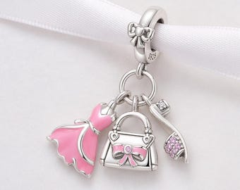 Pink Dress Bead Fits Pandora Charm Bracelet, Handbag Shoe Dangle Silver Fashion Jewelry Gift