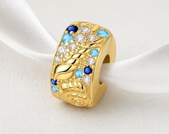 Ocean Shell Bead Fits Pandora Charm Bracelet, Gold Blue Crystal Sea Life Jewelry Gift
