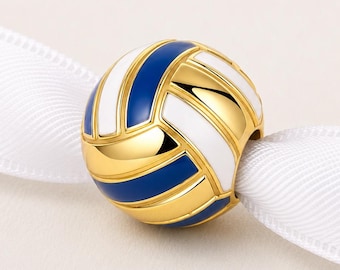 Volleyball Bead Fits Pandora Charm Bracelet, Gold Blue White Enamel Sport Athlete Team Gift
