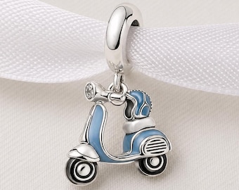 Italy Bead Fits Pandora Charm Bracelet, Blue Vintage Scooter & Helmet, Silver Travel Gift