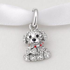 Bichon Frise Bead für Pandora Bettelarmband, Silber Flauschige Hündchen Anhänger, Rotes Schlüsselbein