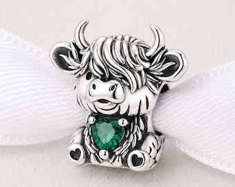 Highland Cow Bead Fits Pandora Charm Bracelet, Green Heart, Scottish Hielan Coo Pet Gift