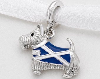 Scottish Terrier Dog Bead Fits Pandora Charm Bracelet, Silver Scotland Flag Travel Jewelry Gift