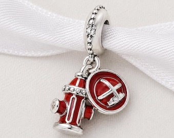 Firefighter Bead Fits Pandora Charm Bracelet, Red Fire Hydrant Airplane, Silver Hero Tribute