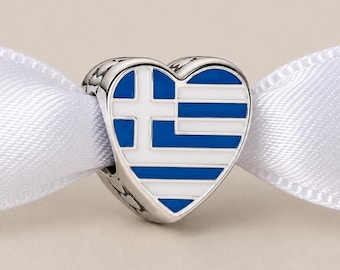 Greece Flag Bead Fits Pandora Charm Bracelet, Silver Heart Greece Travel Jewelry Gift