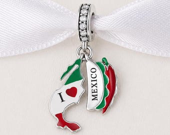 Mexico Bead Fits Pandora Charm Bracelet, Silver Chili Pepper Map Dangle, Travel Souvenir Gift
