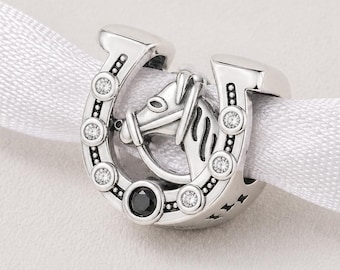 Horse Horseshoe Bead Fits Pandora Charm Bracelet, Silver Equestrian Spirit Lucky Soulful Jewelry Gift