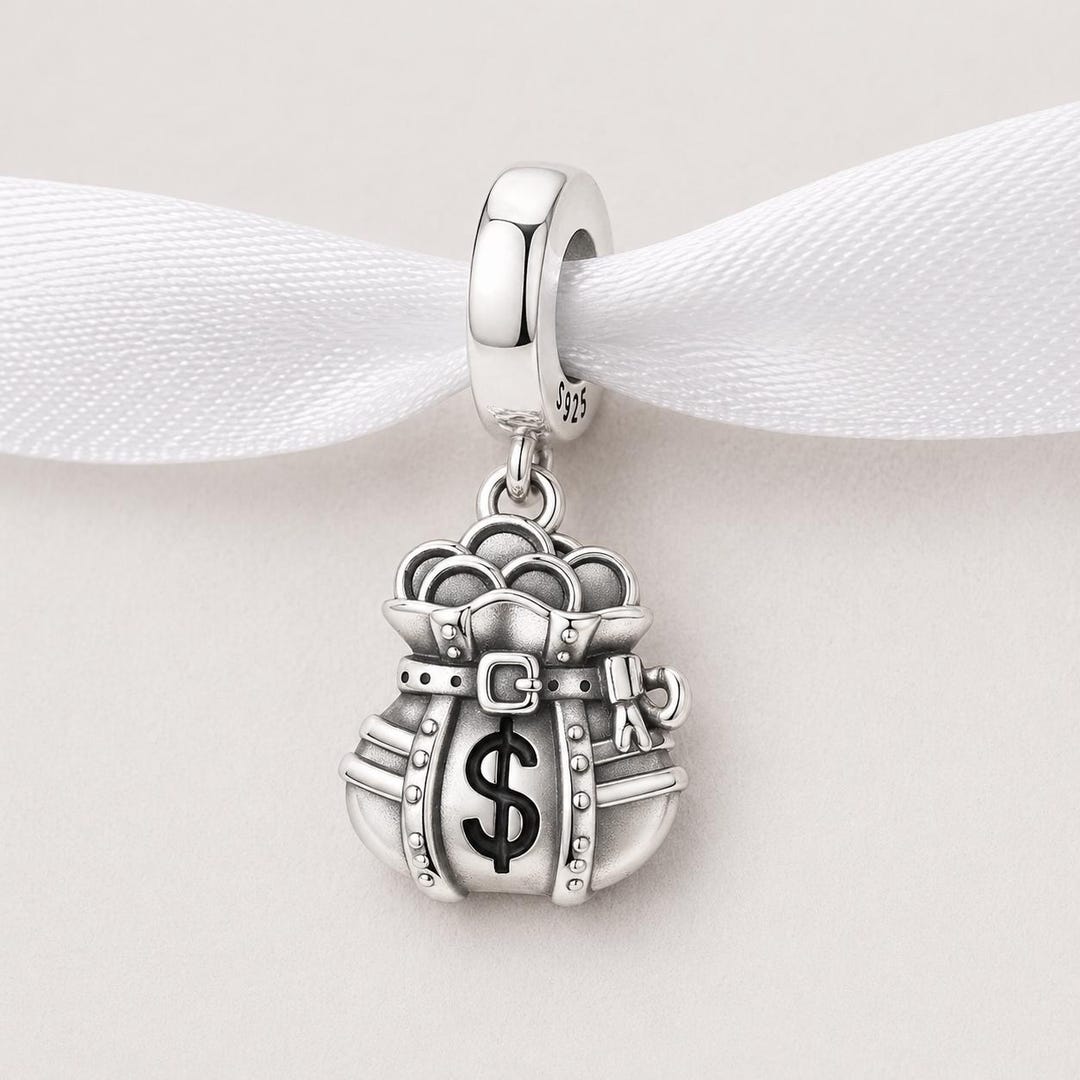 Money Bag Bead Fits Pandora Charm Bracelet, Silver Dollar Sack