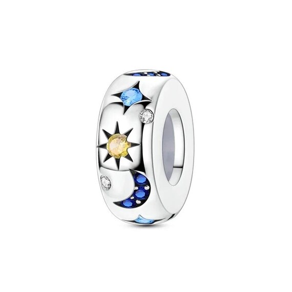 Celestial Sun Moon Star Bead Fits Pandora Charm Bracelet, Silver
