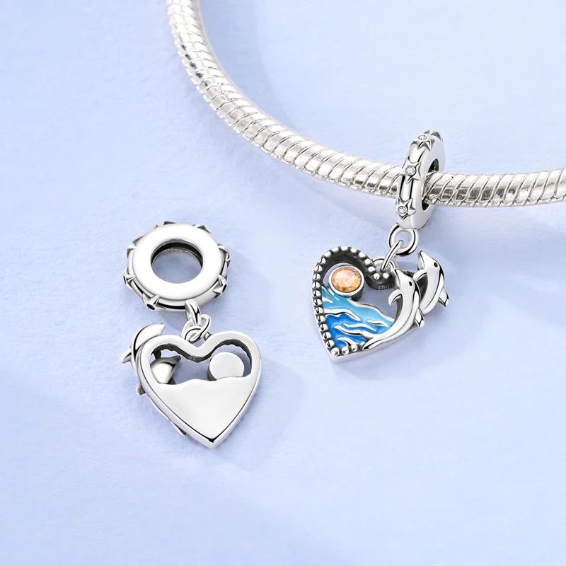 Dolphin Heart Dangle Fits Pandora Charm Bracelet, Blue Ocean