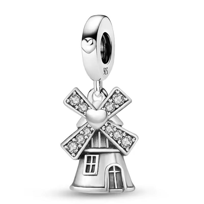 Windmill Dangle Bead Fits Pandora Charm Bracelet, Silver Heart