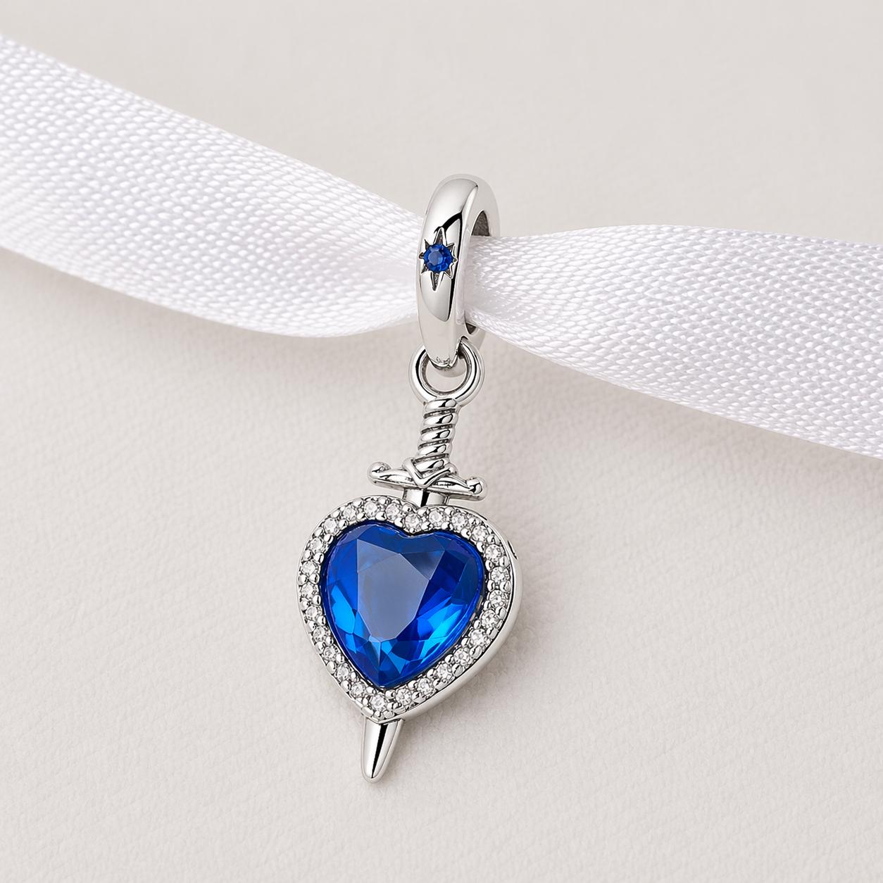 Blue Heart Dagger Bead Fits Pandora Charm Bracelet, Silver Sword