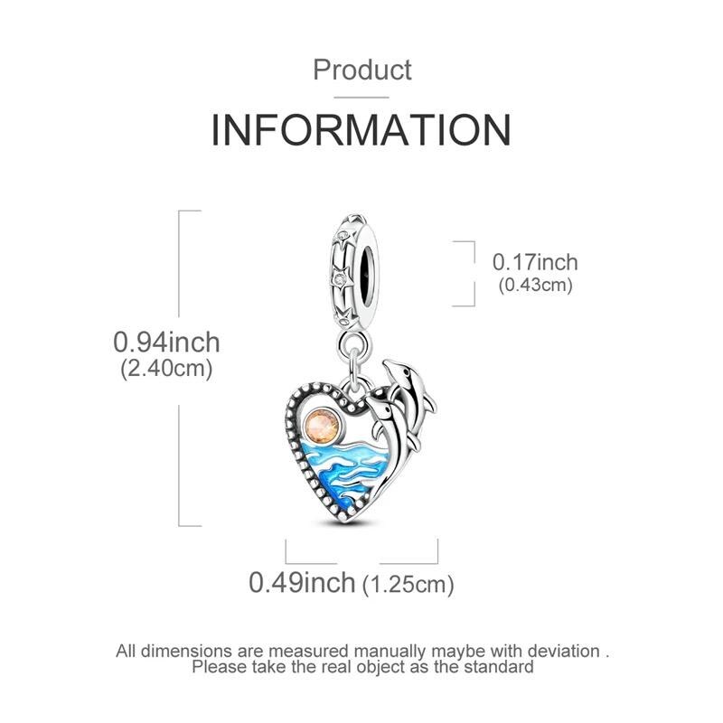 Dolphin Heart Dangle Fits Pandora Charm Bracelet, Blue Ocean