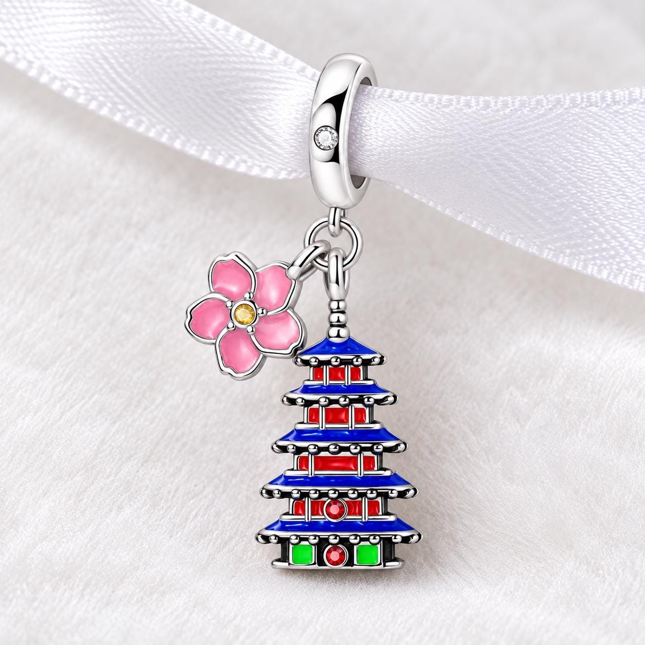 Japan Bead Fits Pandora Charm Bracelet, Silver Japanese Pagoda