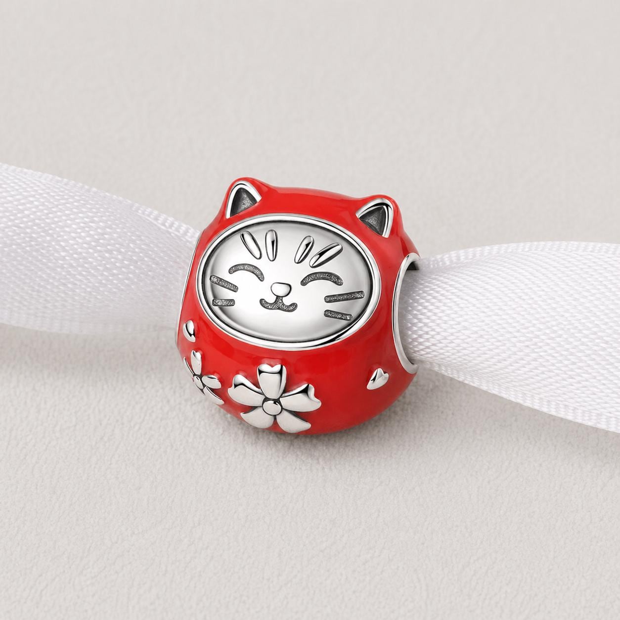 Pandora 赤いダルマチャーム Red Lucky Cat Bead Fits Pandora Charm Bracelet, Silver Maneki Neko
