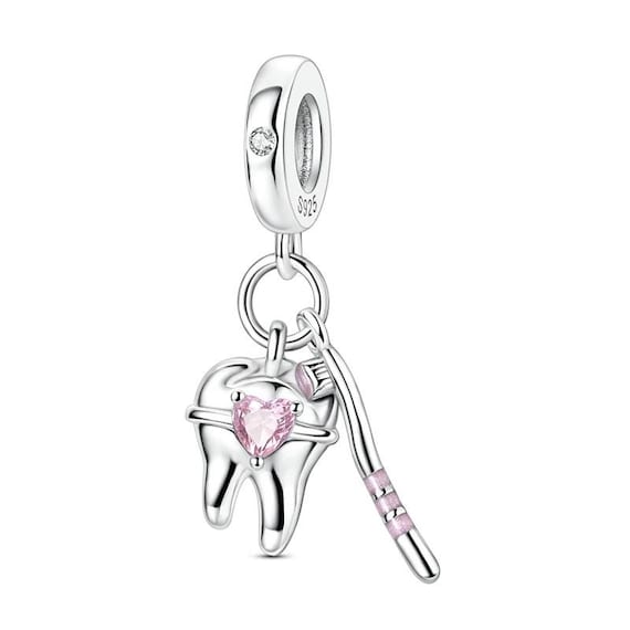 Dentist Tooth Dangle Fits Pandora Charm Bracelet, Silver Pink