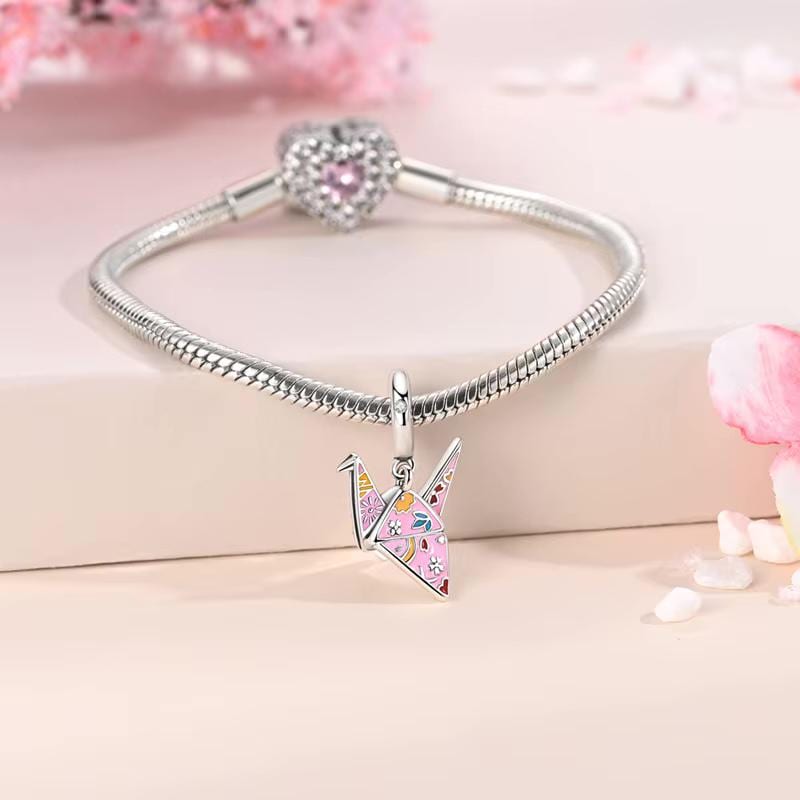 Japan Dangle Fits Pandora Charm Bracelet, Pink Origami Crane Paper