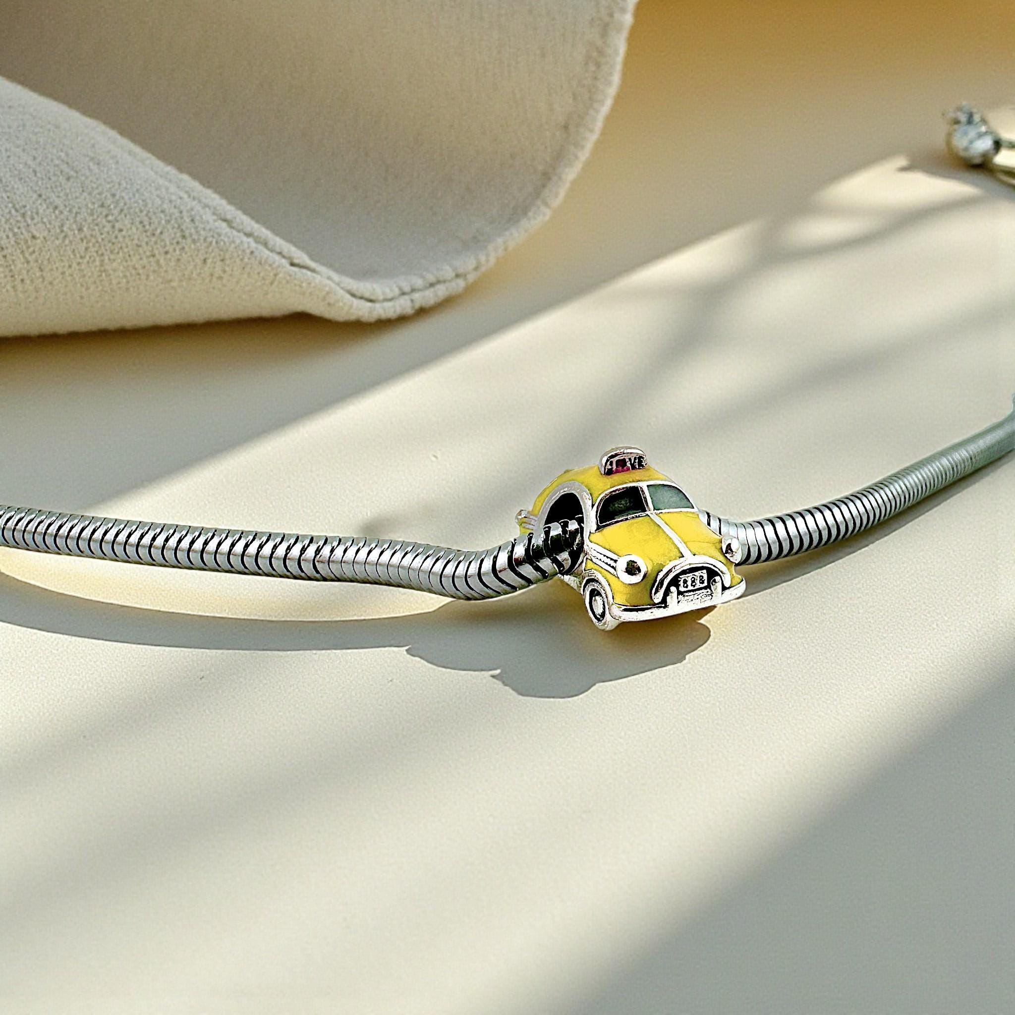 New York Taxi Bead Fits Pandora Charm Bracelet, Silver Yellow Love