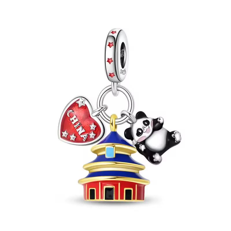 China Bead Fits Pandora Charm Bracelet, Silver Panda Pagoda Temple