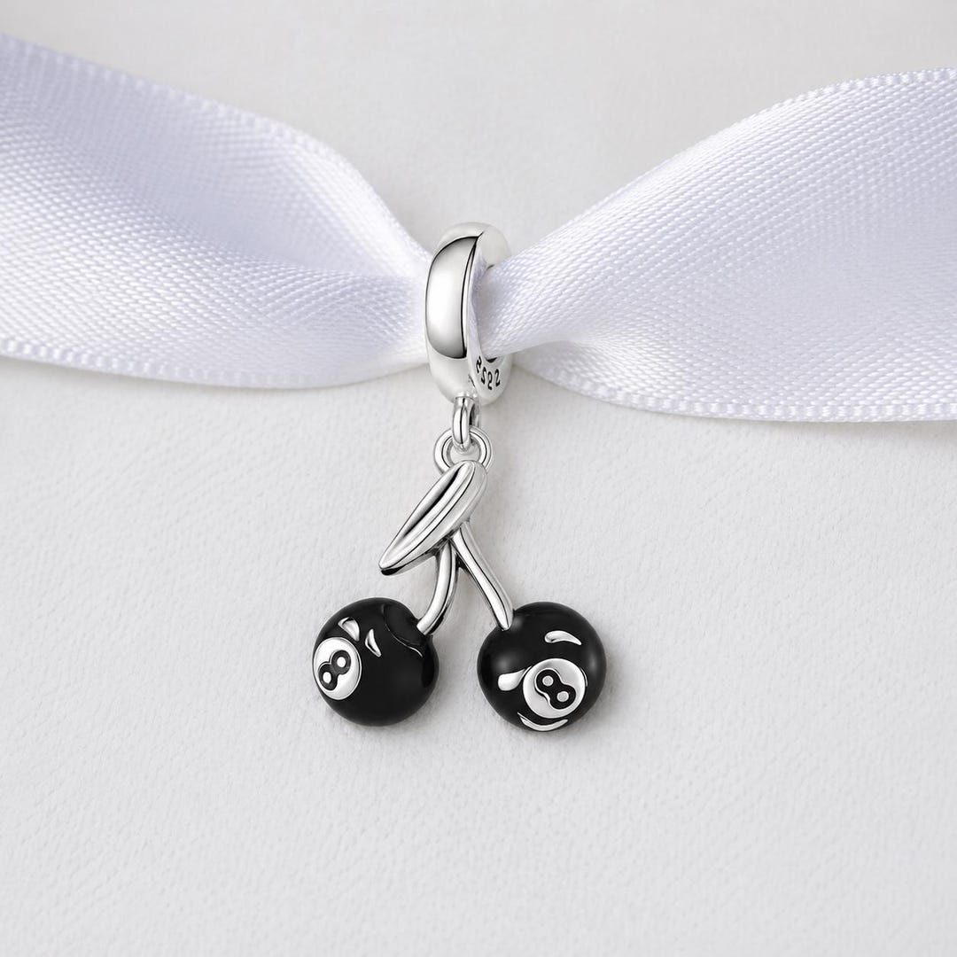 8-ball Cherry Bead Fits Pandora Charm Bracelet, Black Billiards