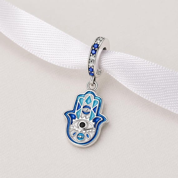 Blue Hamsa Hand Bead Fits Pandora Charm Bracelet, Silver Evil Eye