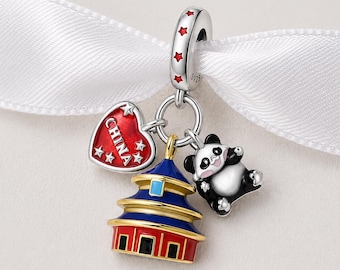 China Bead Fits Pandora Charm Bracelet, Silver Panda Pagoda Temple