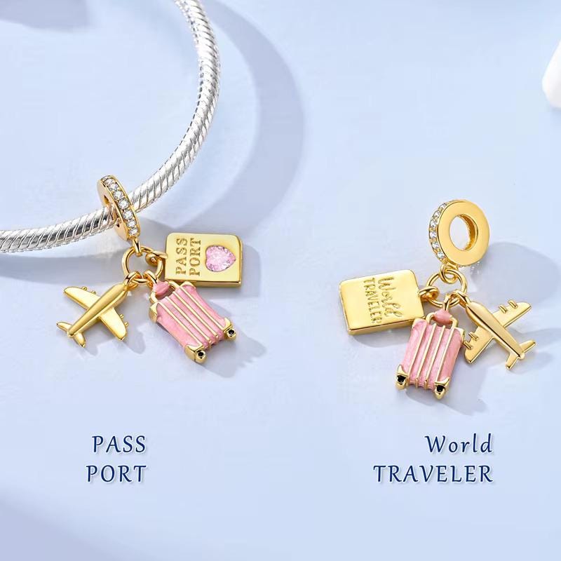 Travel Passport Charm Fits Pandora Bracelet, Pink Suitcase Plane