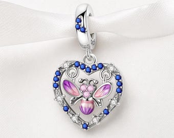 Firefly Heart Bead Fits Pandora Charm Bracelet, Blue Crystal Pink Bug Dangle Silver Gift