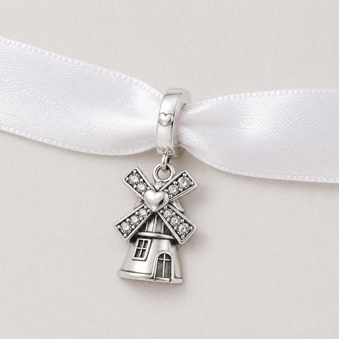 Windmill Dangle Bead Fits Pandora Charm Bracelet, Silver Heart