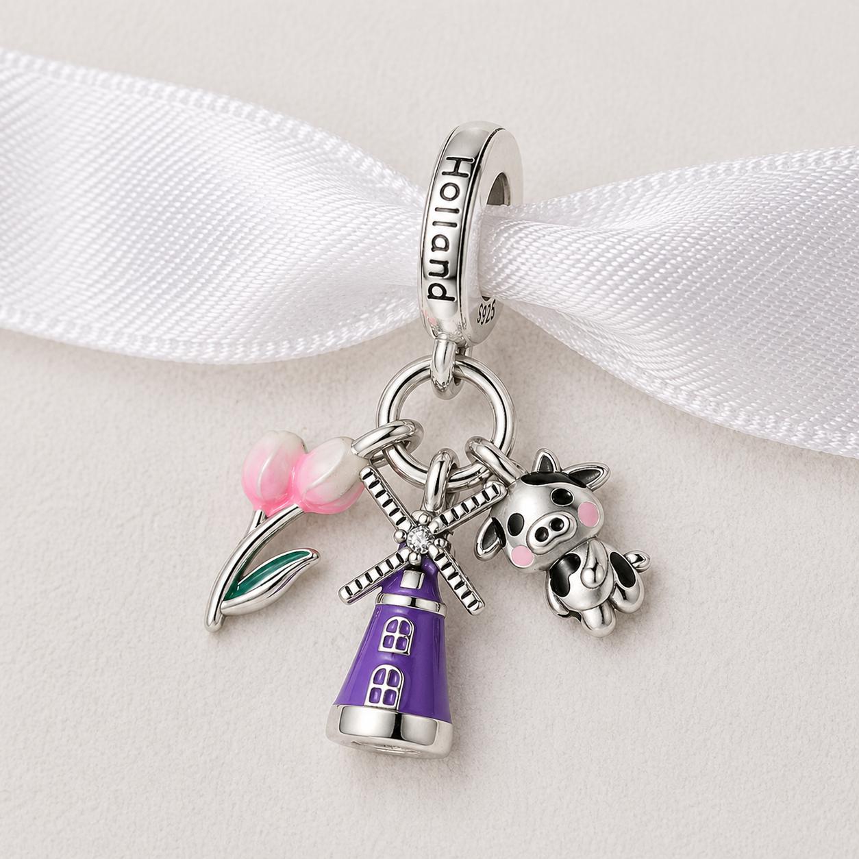 Holland Bead Fits Pandora Charm Bracelet, Silver Windmill Cow