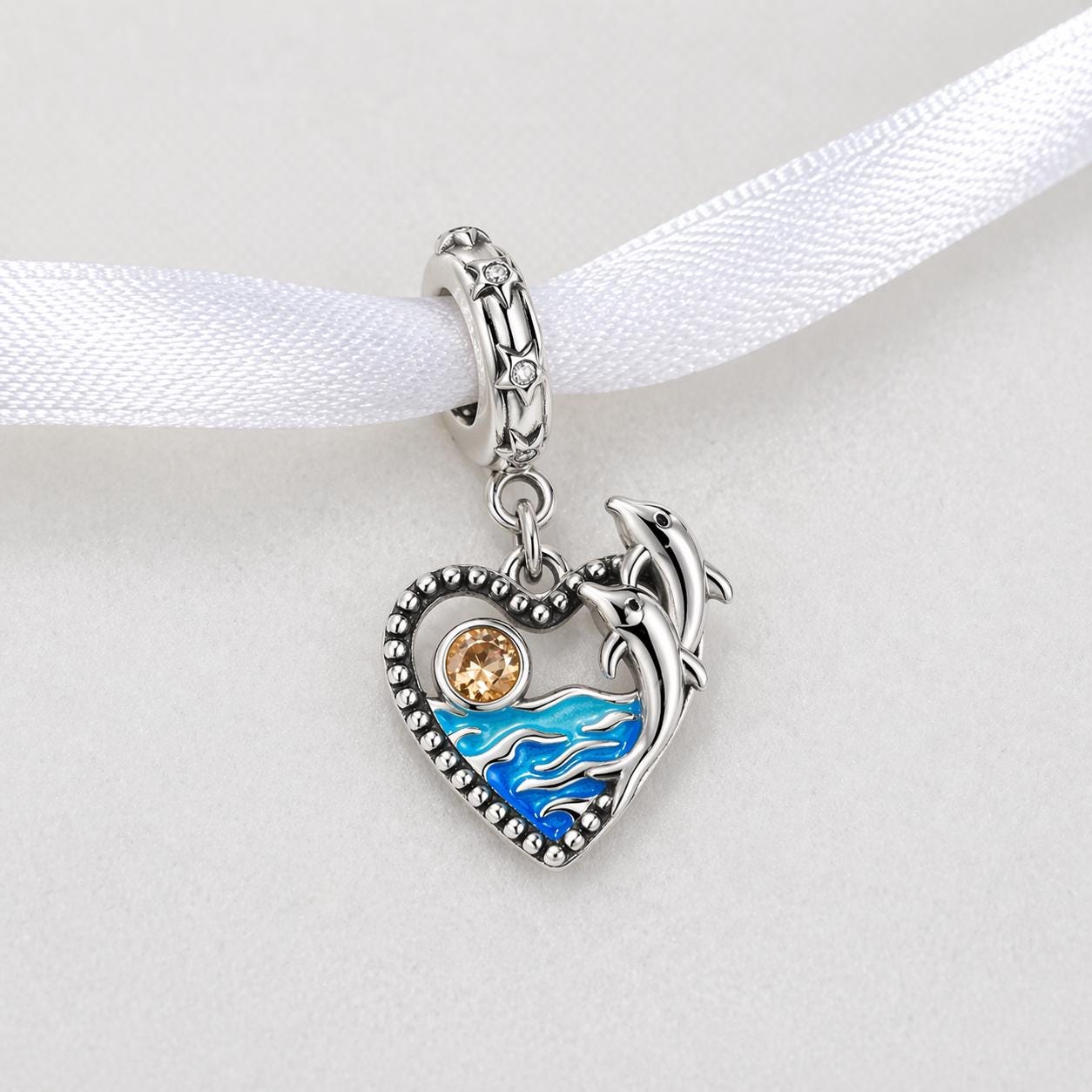 Dolphin Heart Dangle Fits Pandora Charm Bracelet, Blue Ocean