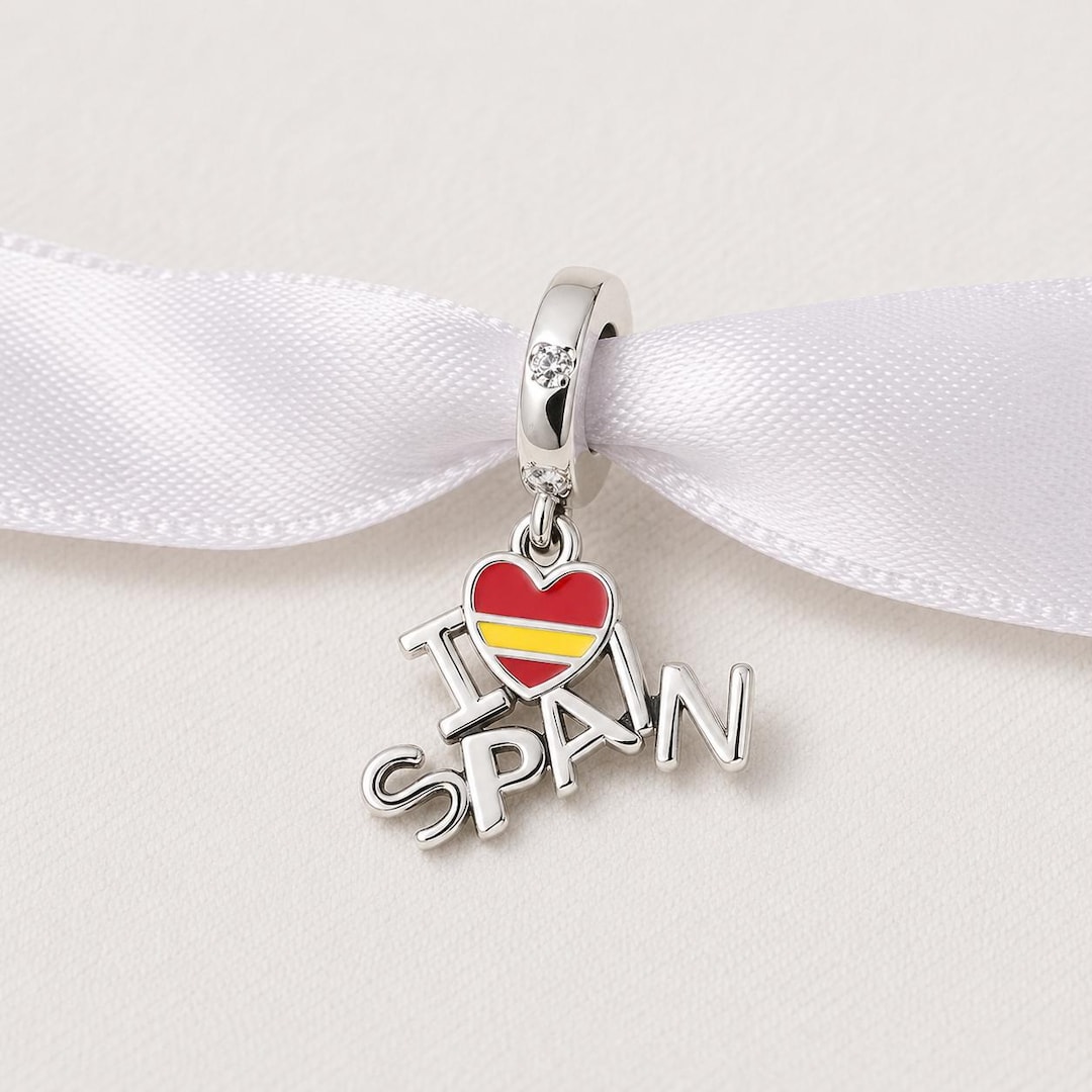 Spain Bead Fits Pandora Charm Bracelet, Spanish Flag Heart, Silver