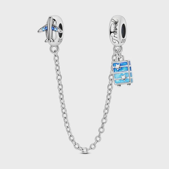 Travel Safety Chain Pandora Charm | Blue Airplane Suitcase | Silver Vacation Jewelry | Globetrotter Gift