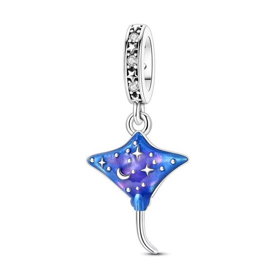 Celestial Stingray Bead Fits Pandora Charm Bracelet, Silver Manta