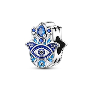 Hamsa Hand Evil Eye Charm: Sterling Silver, Blue Enamel, Crystal