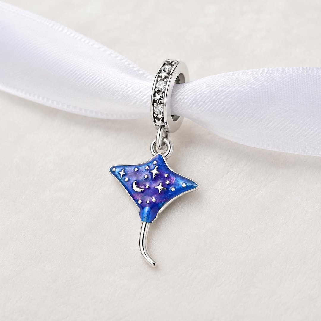 Celestial Stingray Bead Fits Pandora Charm Bracelet, Silver Manta