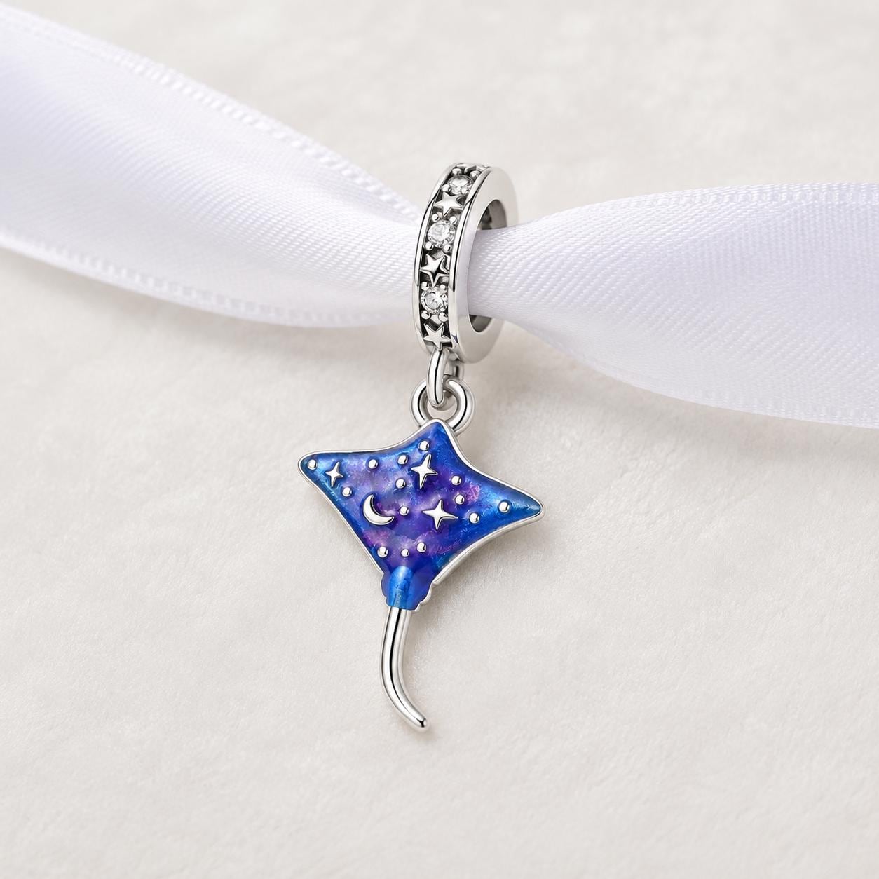 Celestial Stingray Bead Fits Pandora Charm Bracelet, Silver Manta
