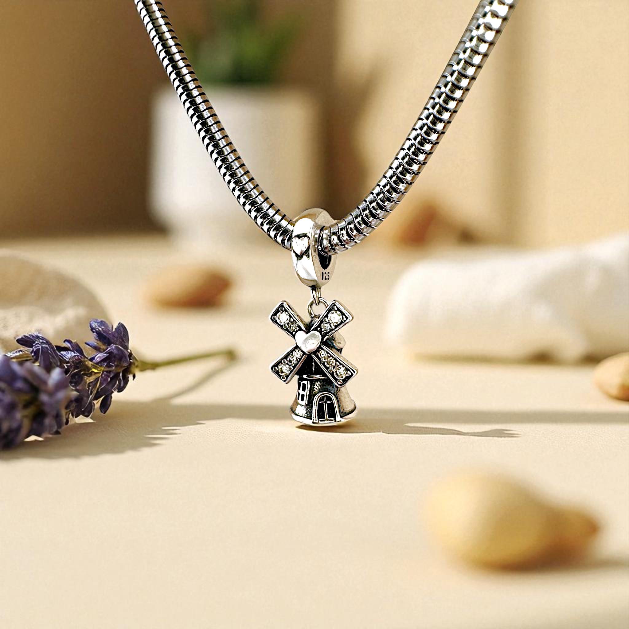 Windmill Dangle Bead Fits Pandora Charm Bracelet, Silver Heart