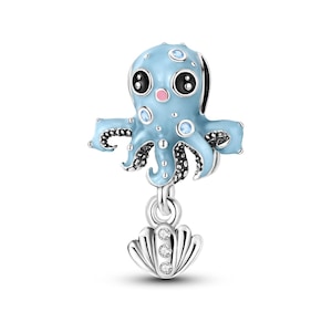 Cute Octopus & Seashell Dangle Charm, 925 Sterling Silver, Pandora Compatible, Blue Enamel Ocean Animal Jewelry