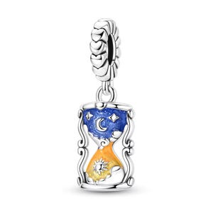May include: Silver charm with an hourglass design. The top half is blue with a crescent moon and stars, while the bottom half is yellow with a sun. The charm is suspended from a silver bead.