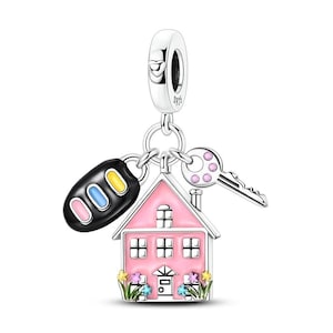 New Home Dangle Charm, 925 Sterling Silver, Pandora Compatible, Pink Housewarming Gift, First Home Real Estate Jewelry for Her