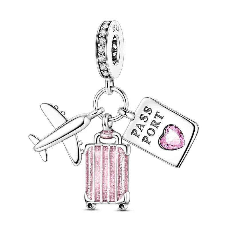 Travel Passport Charm Fits Pandora Bracelet, Pink Suitcase Plane