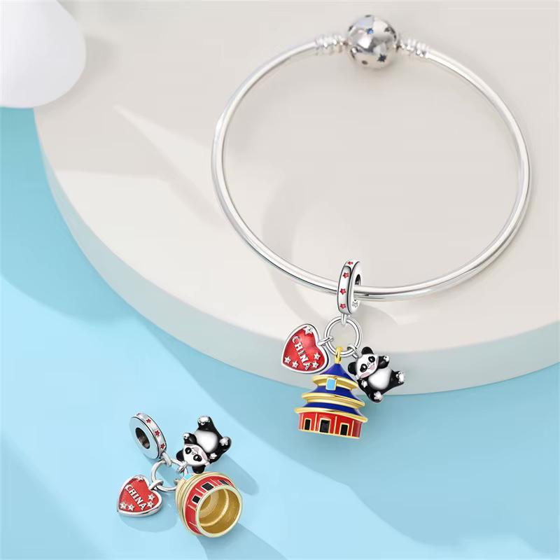 China Bead Fits Pandora Charm Bracelet, Silver Panda Pagoda Temple