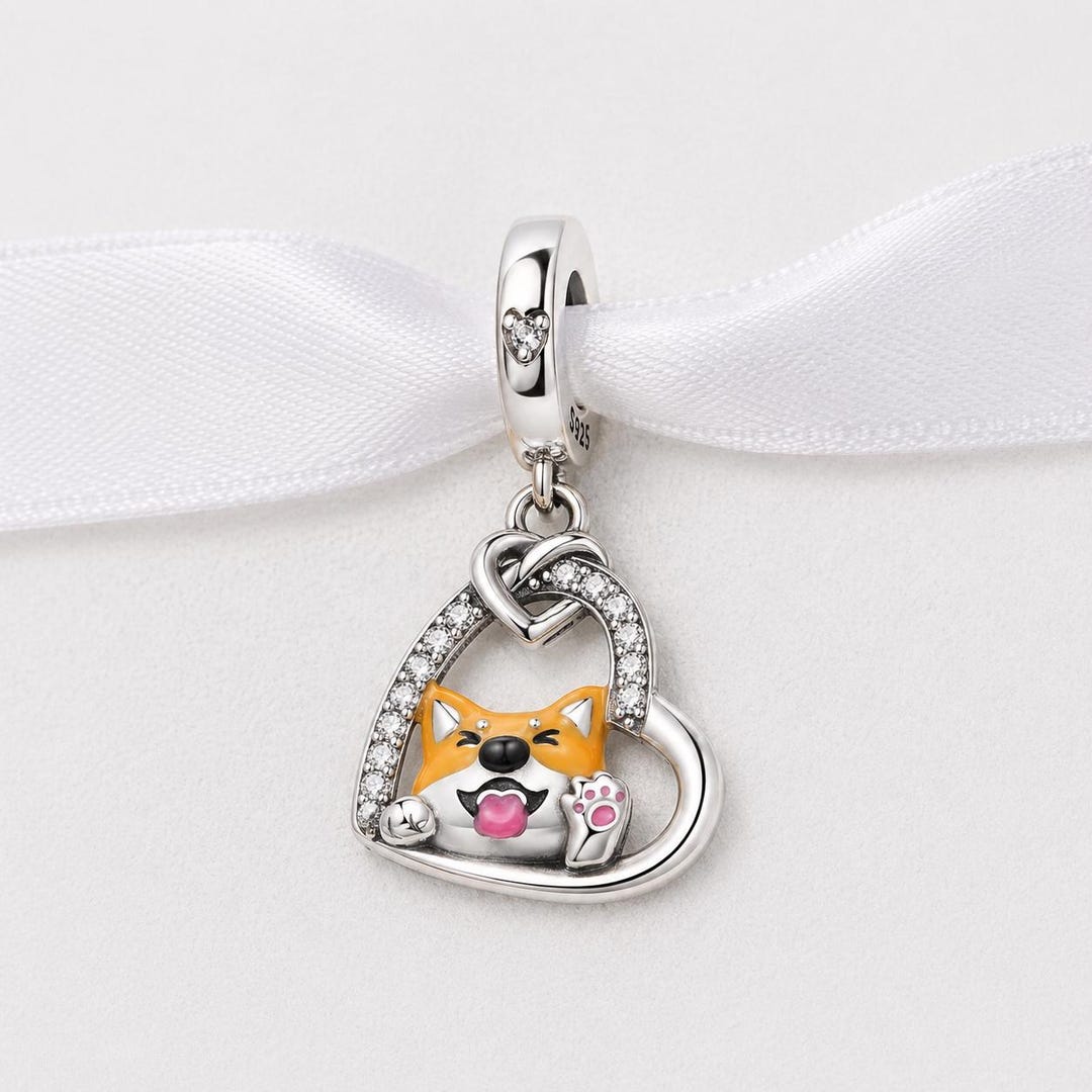 【新品】Pandoraレアな柴犬チャーム 柴犬ビーズ、パンドラチャームブレスレットにフィット、シルバー