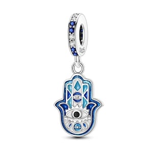 Sterling Silver Hamsa Hand Charm: Blue Evil Eye Dangle, Pandora Compatible