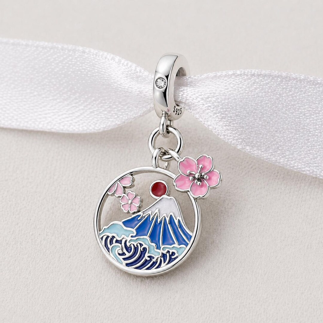 Japan Bead Fits Pandora Charm Bracelet, Mount Fuji Sakura Flower