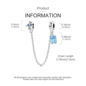 May include: A silver charm bracelet safety chain with a blue airplane and a blue suitcase charm. The chain is 2.76 inches (7.0 cm) long. The airplane charm is 0.4 inches (1.02 cm) long, and the suitcase charm is 0.48 inches (1.22 cm) long.