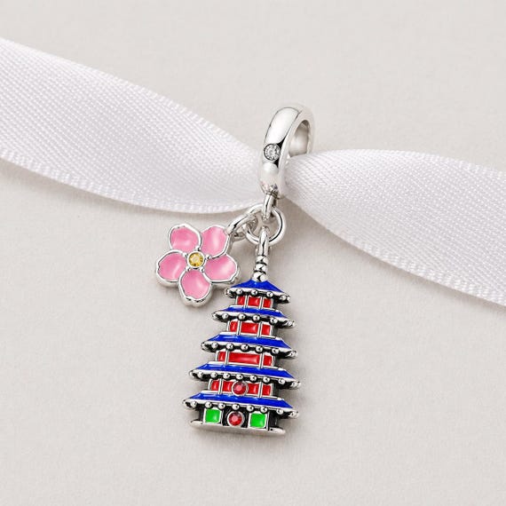 Japan Bead Fits Pandora Charm Bracelet, Silver Japanese Pagoda