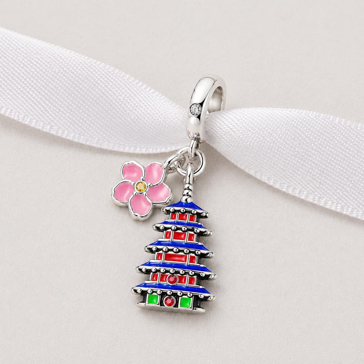 Japan Bead Fits Pandora Charm Bracelet, Silver Japanese Pagoda
