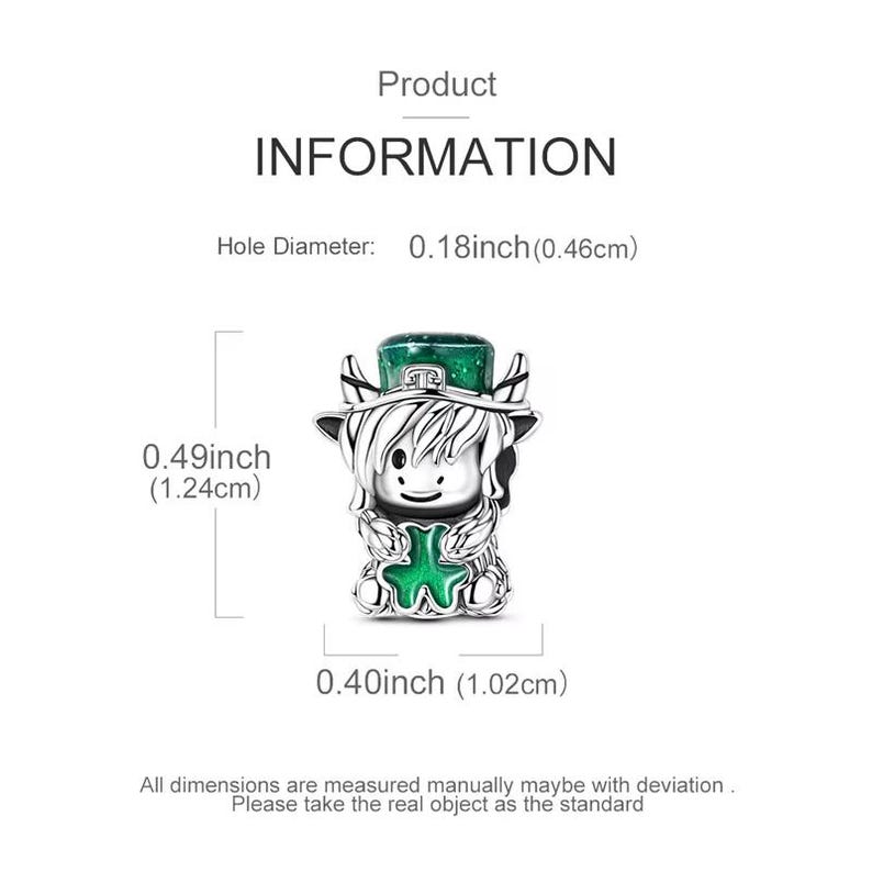 May include: A silver charm with a leprechaun design, featuring a green hat and a four-leaf clover. The charm is 0.49 inches (1.24 cm) tall and 0.40 inches (1.02 cm) wide. The hole diameter is 0.18 inches (0.46 cm). The product information is displayed.